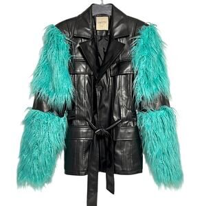 Orttu Freddie Jacket Military Style Faux Fur Black Vegan Faux Leather Aqua Belt